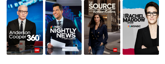 Programming tiles for Anderson Cooper 360, NBC Nightly News, The Source with Kaitlan Collins, and The Rachel Maddow Show.