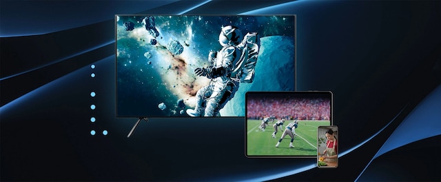 Showing TV with astronaut, tablet with football players, and mobile phone with lady in apron cutting vegetables.